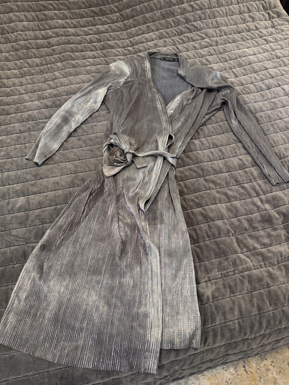 ZARA COLLECTION Silver Metallic Long-Sleeve Wrap Midi Dress
